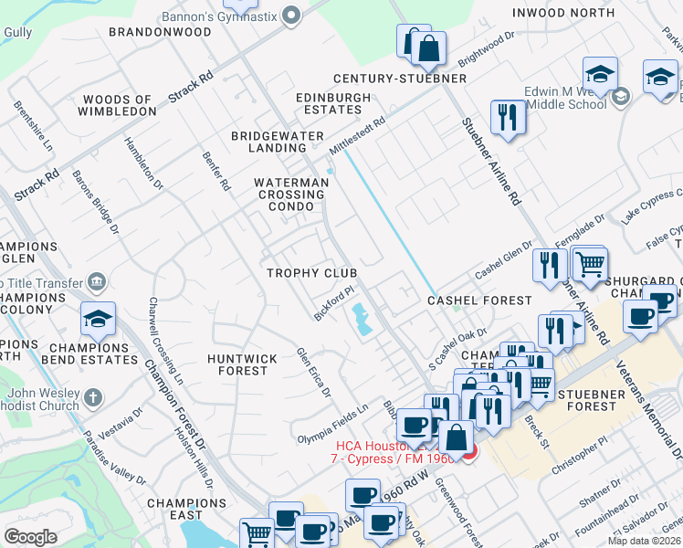 map of restaurants, bars, coffee shops, grocery stores, and more near 14525 Wunderlich Drive in Houston