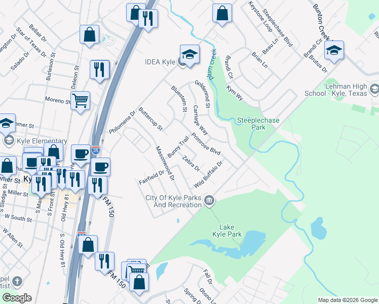 map of restaurants, bars, coffee shops, grocery stores, and more near 311 Zebra Drive in Kyle