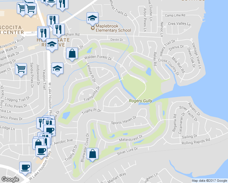 map of restaurants, bars, coffee shops, grocery stores, and more near 18826 Racquet Ridge Road in Humble