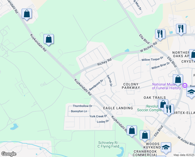 map of restaurants, bars, coffee shops, grocery stores, and more near 1243 Kaliste Meadow Drive in Houston