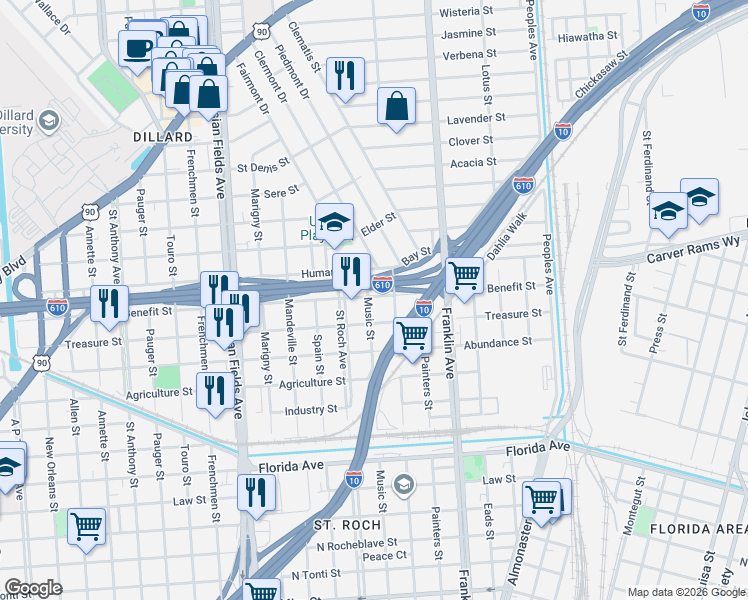 map of restaurants, bars, coffee shops, grocery stores, and more near 3137 Music Street in New Orleans
