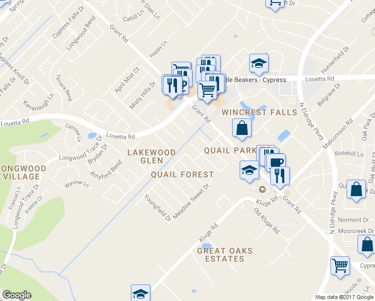 map of restaurants, bars, coffee shops, grocery stores, and more near 13018 Lake Mist Drive in Cypress