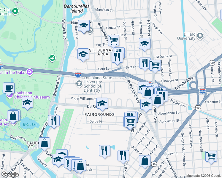 map of restaurants, bars, coffee shops, grocery stores, and more near 109 Chalfant Place in New Orleans