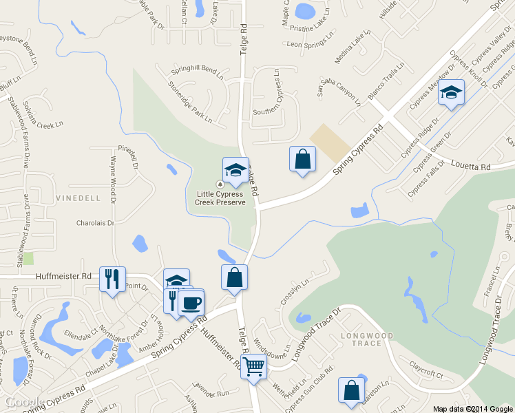map of restaurants, bars, coffee shops, grocery stores, and more near 15601 Telge Road in Cypress