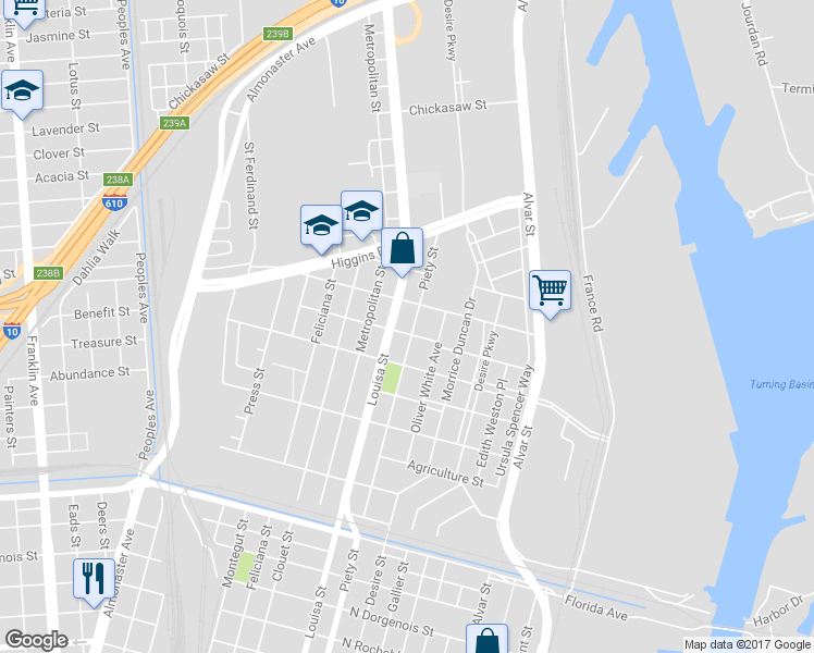 map of restaurants, bars, coffee shops, grocery stores, and more near 3308 Piety Street in New Orleans