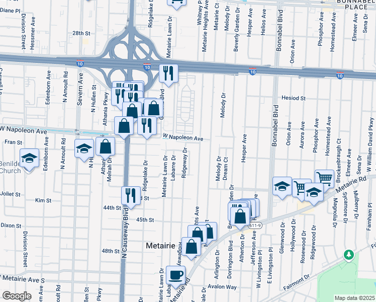 map of restaurants, bars, coffee shops, grocery stores, and more near 545 Shirmaine Lane in Metairie