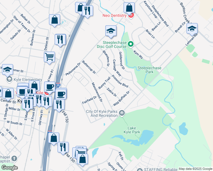 map of restaurants, bars, coffee shops, grocery stores, and more near 311 Zebra Drive in Kyle