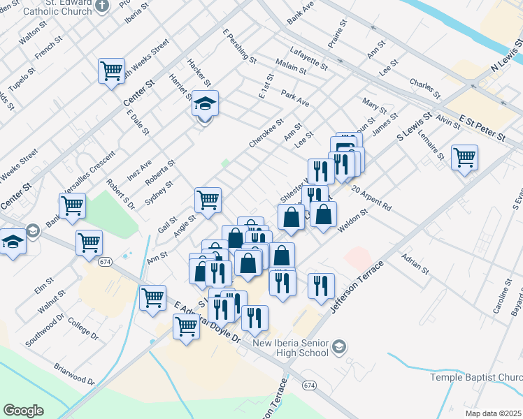 map of restaurants, bars, coffee shops, grocery stores, and more near 802 Arianna Drive in New Iberia