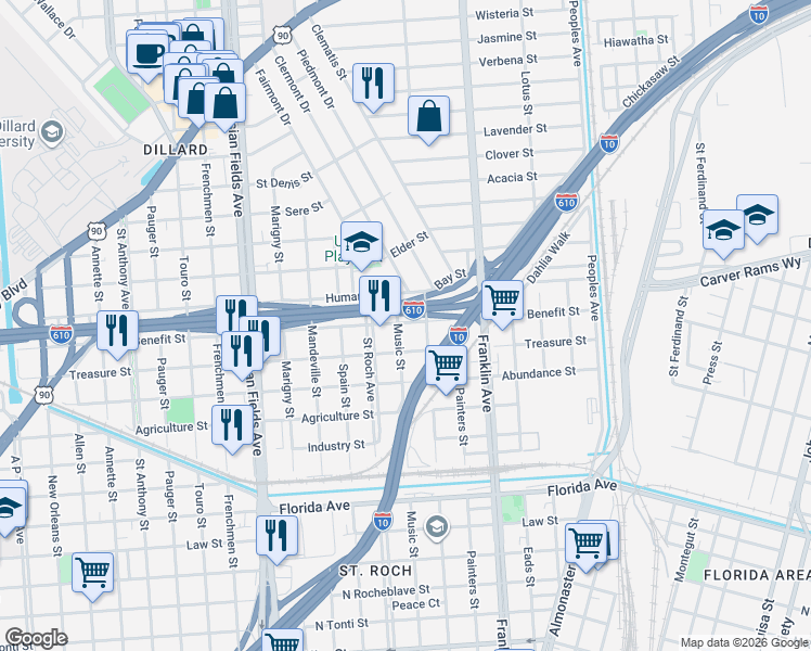 map of restaurants, bars, coffee shops, grocery stores, and more near 3137 Music Street in New Orleans