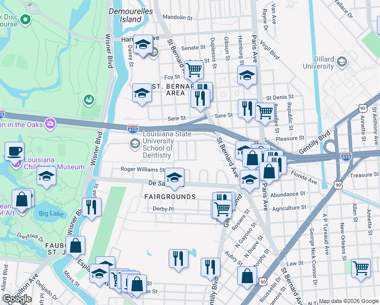 map of restaurants, bars, coffee shops, grocery stores, and more near 109 Chalfant Place in New Orleans