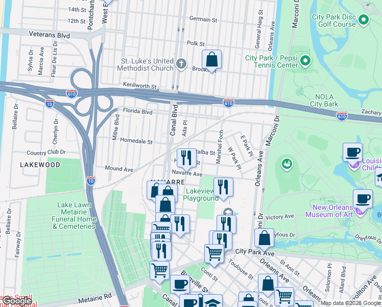 map of restaurants, bars, coffee shops, grocery stores, and more near 752 Pontalba Street in New Orleans