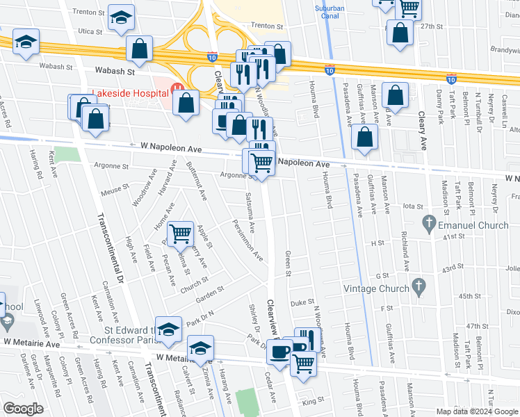 map of restaurants, bars, coffee shops, grocery stores, and more near 1804 Clearview Parkway in Metairie