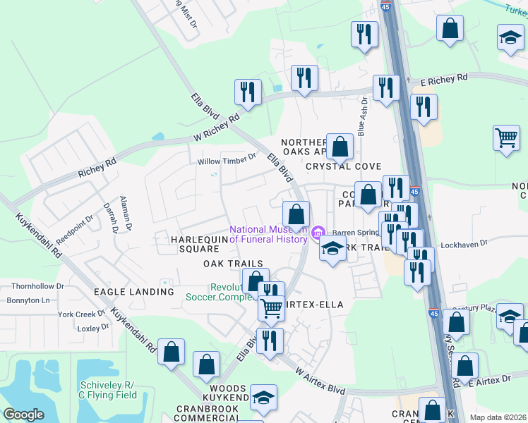 map of restaurants, bars, coffee shops, grocery stores, and more near 14943 Huntington Willow Lane in Houston