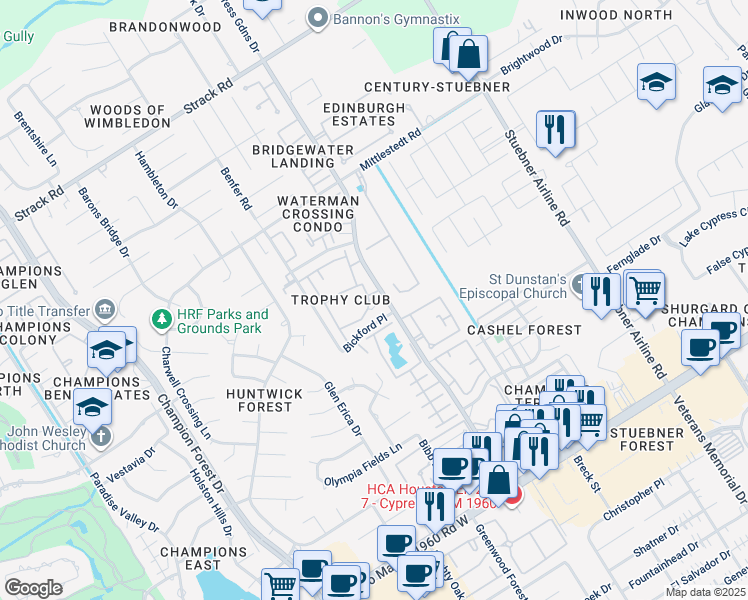 map of restaurants, bars, coffee shops, grocery stores, and more near 14525 Wunderlich Drive in Houston