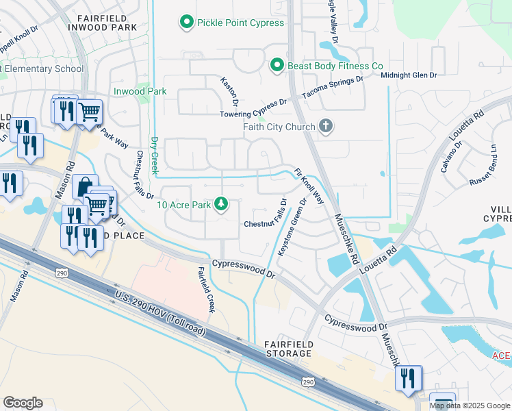 map of restaurants, bars, coffee shops, grocery stores, and more near 19722 Morning Glory Terrace Court in Cypress
