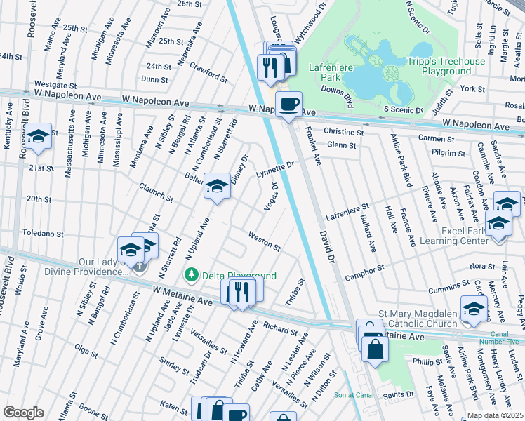 map of restaurants, bars, coffee shops, grocery stores, and more near 1400 Vegas Drive in Metairie