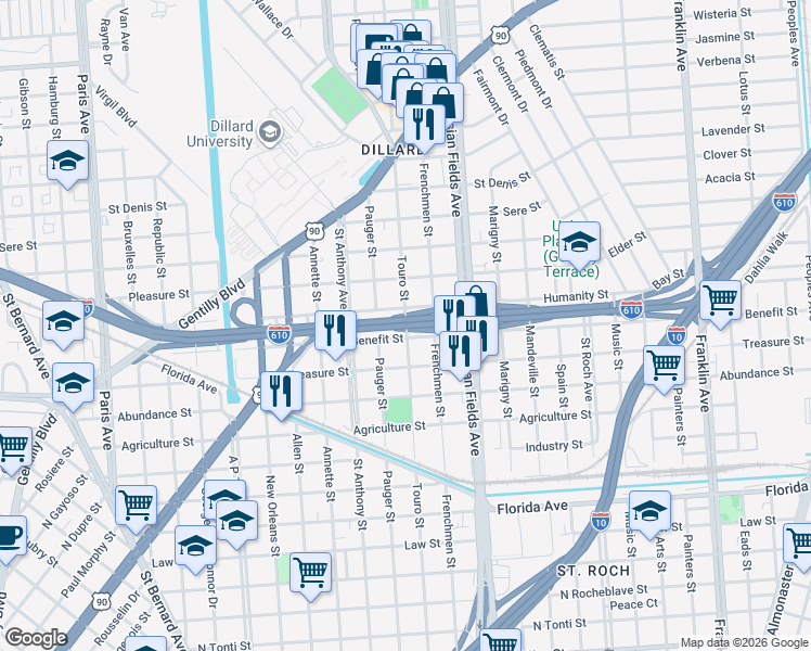 map of restaurants, bars, coffee shops, grocery stores, and more near 3200 Touro Street in New Orleans