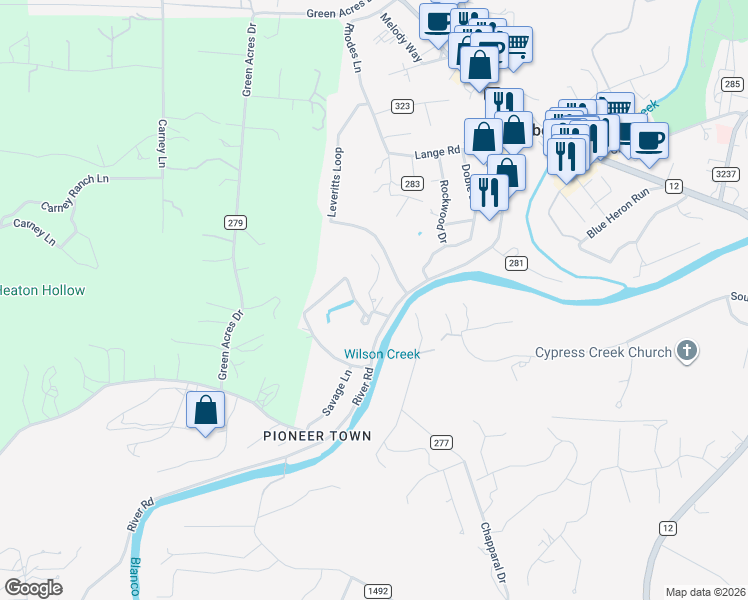 map of restaurants, bars, coffee shops, grocery stores, and more near 110 River Road Circle in Wimberley