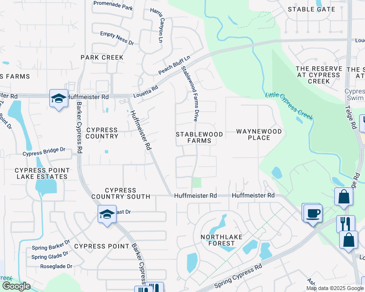 map of restaurants, bars, coffee shops, grocery stores, and more near 16121 Dusty Path Lane in Cypress