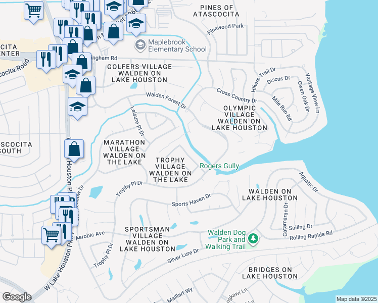 map of restaurants, bars, coffee shops, grocery stores, and more near 18802 Racquet Sports Way in Humble