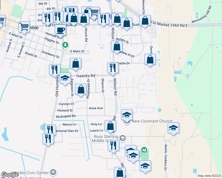 map of restaurants, bars, coffee shops, grocery stores, and more near 612 Wilson Road in Humble