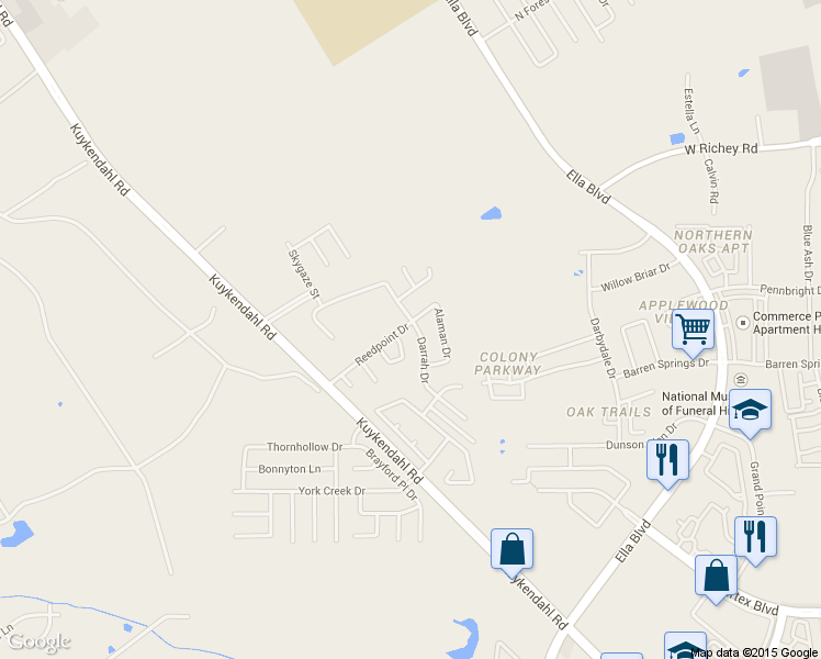 map of restaurants, bars, coffee shops, grocery stores, and more near 14327 Darrah Dr in Houston