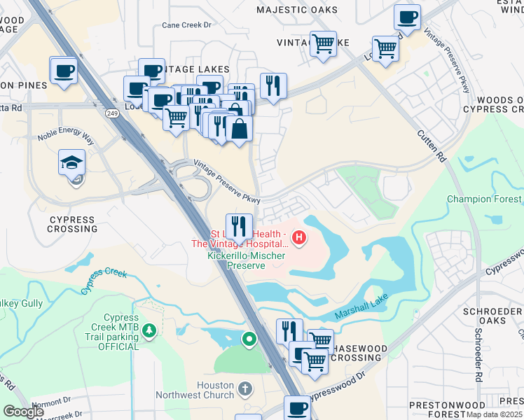 map of restaurants, bars, coffee shops, grocery stores, and more near 20121 Chasewood Park Drive in Houston