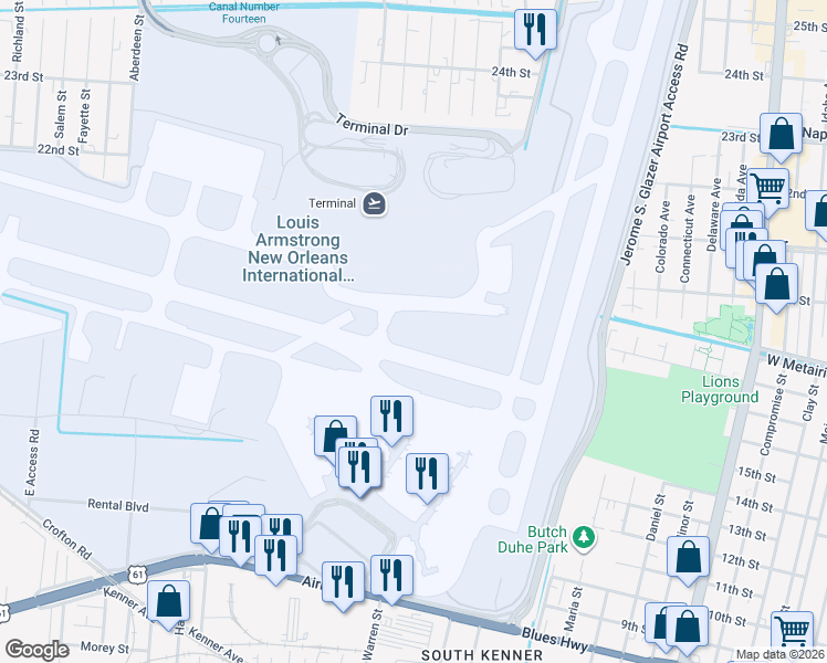 map of restaurants, bars, coffee shops, grocery stores, and more near 1 Terminal Drive in Kenner