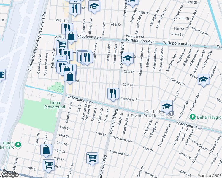 map of restaurants, bars, coffee shops, grocery stores, and more near 1924 Kansas Avenue in Kenner