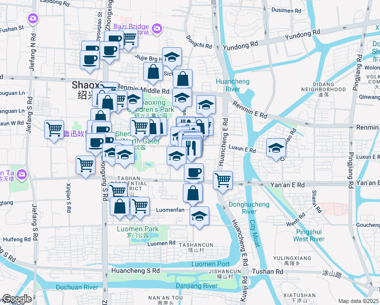map of restaurants, bars, coffee shops, grocery stores, and more near Ji Shan Lu in Shao Xing Shi