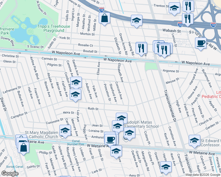 map of restaurants, bars, coffee shops, grocery stores, and more near 1800 Stanford Avenue in Metairie