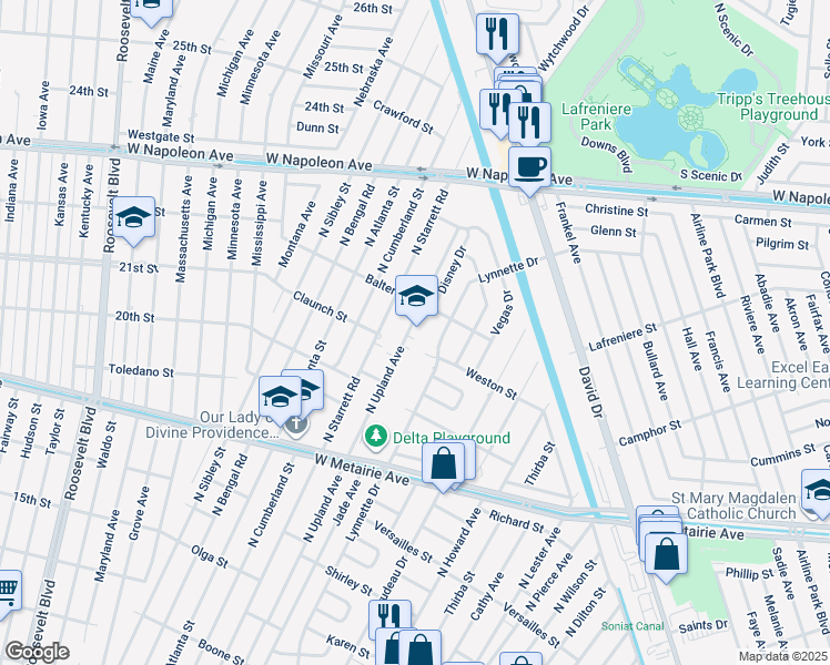 map of restaurants, bars, coffee shops, grocery stores, and more near 1409 North Upland Avenue in Metairie