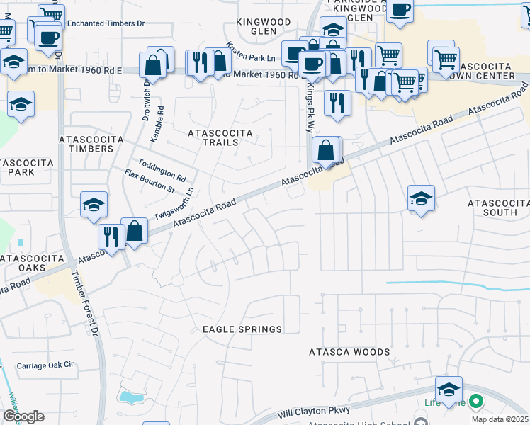 map of restaurants, bars, coffee shops, grocery stores, and more near 12903 Maples Perch Court in Humble