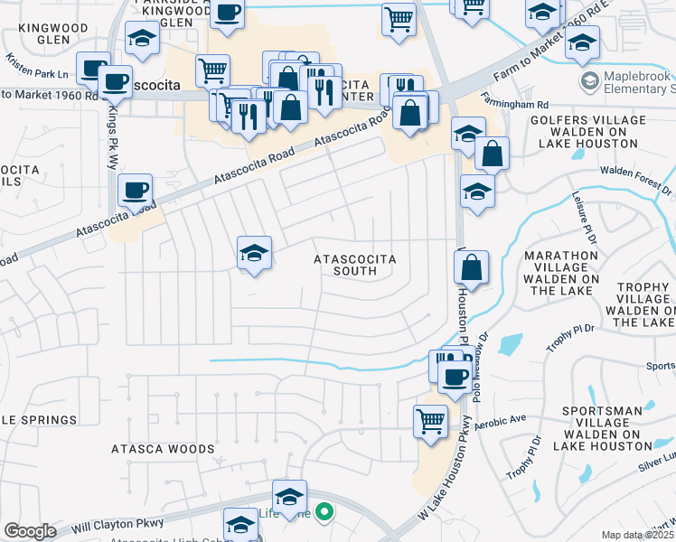 map of restaurants, bars, coffee shops, grocery stores, and more near 7215 Thicket Trail Drive in Humble
