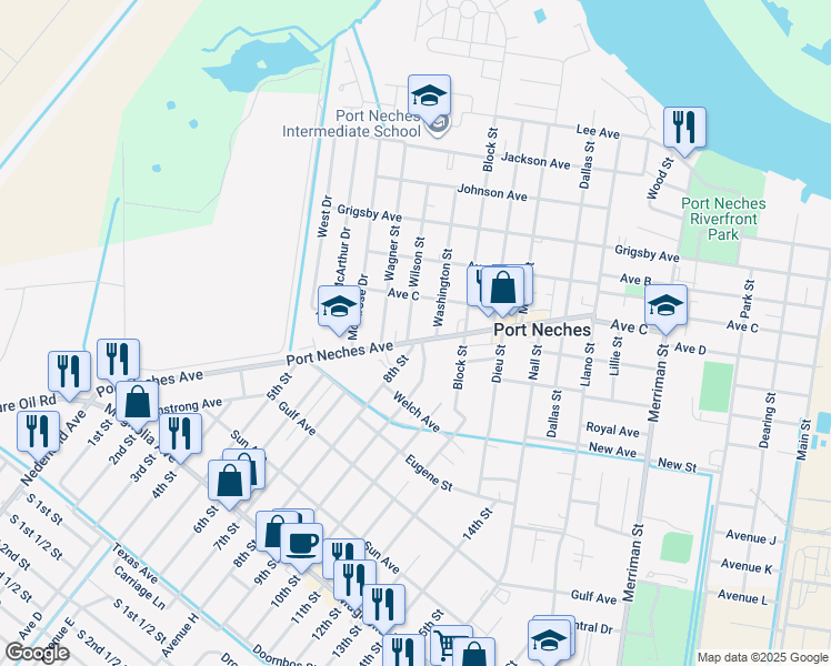 map of restaurants, bars, coffee shops, grocery stores, and more near 1502 Port Neches Avenue in Port Neches