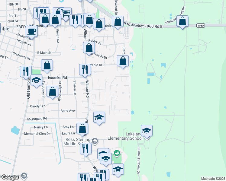map of restaurants, bars, coffee shops, grocery stores, and more near 1823 Country Village Boulevard in Humble