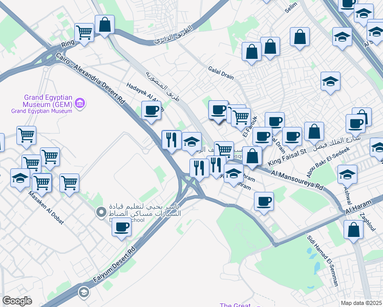 map of restaurants, bars, coffee shops, grocery stores, and more near Hadayek Al Ahram in Al Haram