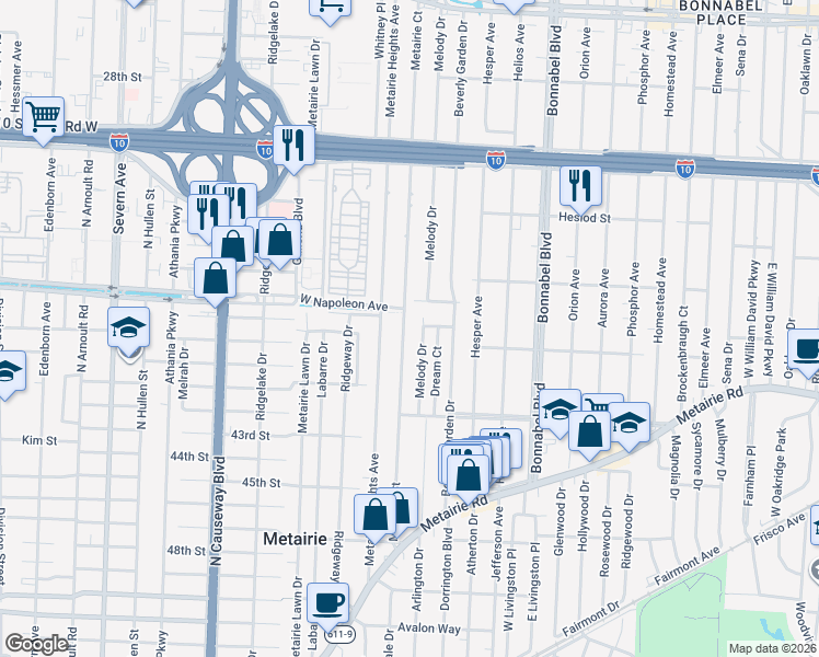 map of restaurants, bars, coffee shops, grocery stores, and more near 186 Metairie Court in Metairie