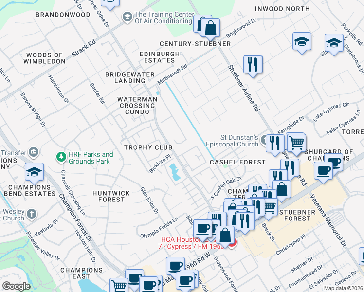 map of restaurants, bars, coffee shops, grocery stores, and more near 4819 Eagles Glen Drive in Houston