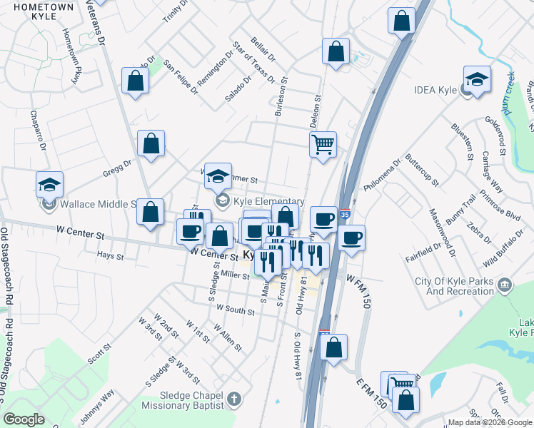 map of restaurants, bars, coffee shops, grocery stores, and more near 207 Austin Street in Kyle