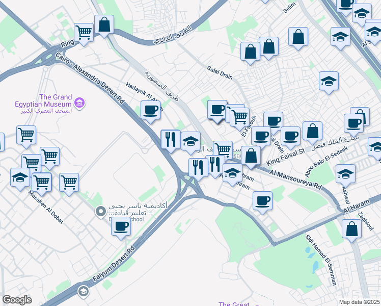 map of restaurants, bars, coffee shops, grocery stores, and more near Hadayek Al Ahram in Al Haram
