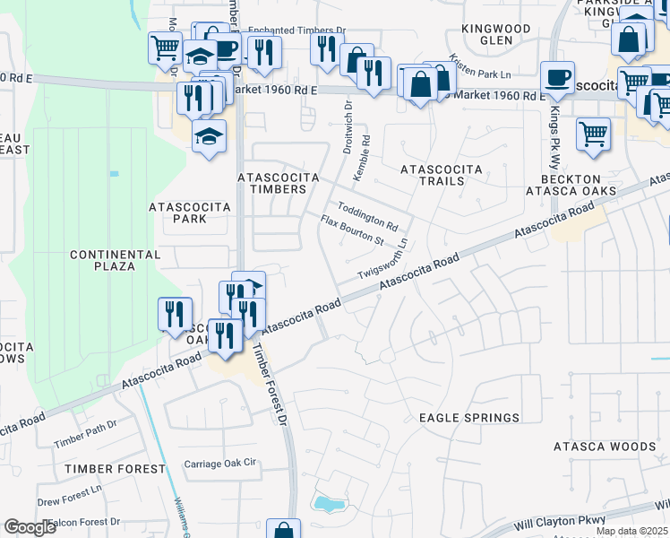 map of restaurants, bars, coffee shops, grocery stores, and more near 18626 Droitwich Drive in Humble