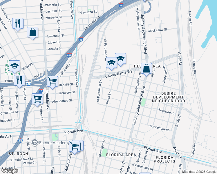 map of restaurants, bars, coffee shops, grocery stores, and more near 2926 Benefit Street in New Orleans