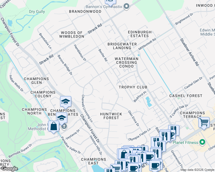 map of restaurants, bars, coffee shops, grocery stores, and more near 13702 Chelwood Place in Houston