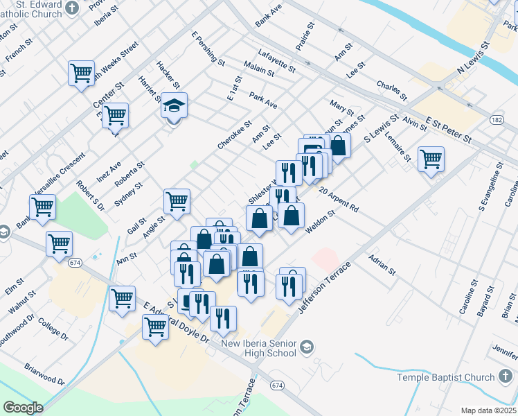 map of restaurants, bars, coffee shops, grocery stores, and more near 726 Bergerie Street in New Iberia