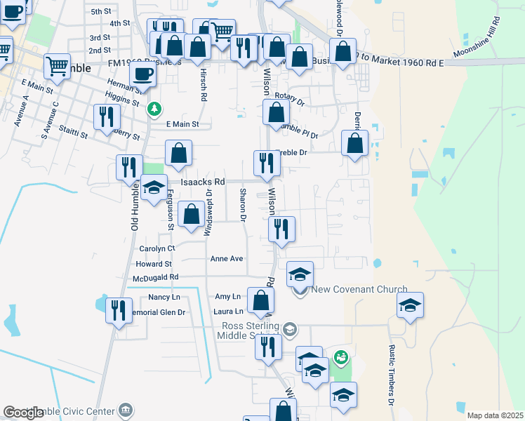 map of restaurants, bars, coffee shops, grocery stores, and more near 612 Wilson Road in Humble