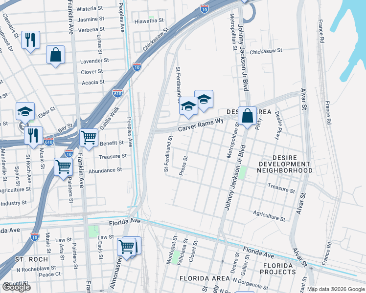map of restaurants, bars, coffee shops, grocery stores, and more near 2926 Benefit Street in New Orleans