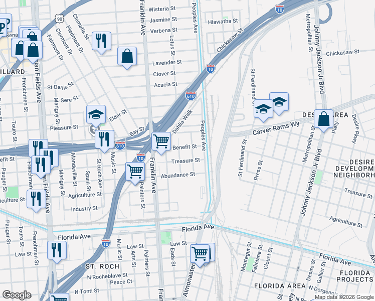 map of restaurants, bars, coffee shops, grocery stores, and more near 2 Treasure Street in New Orleans
