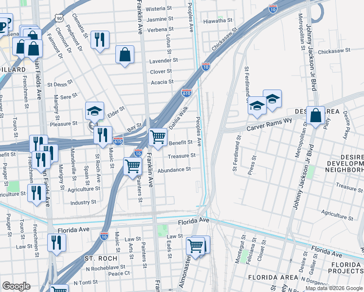 map of restaurants, bars, coffee shops, grocery stores, and more near 2 Treasure Street in New Orleans