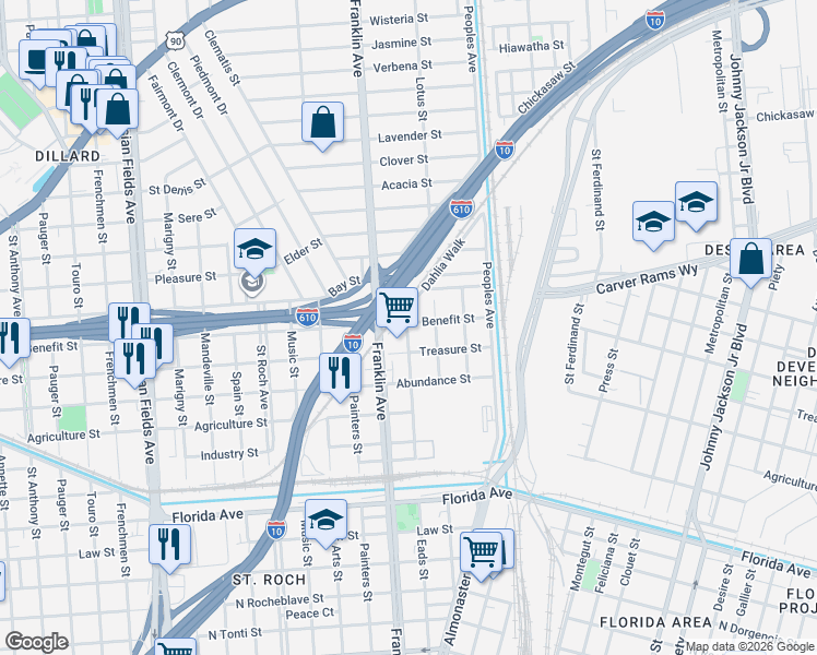 map of restaurants, bars, coffee shops, grocery stores, and more near 3121 Eads Street in New Orleans